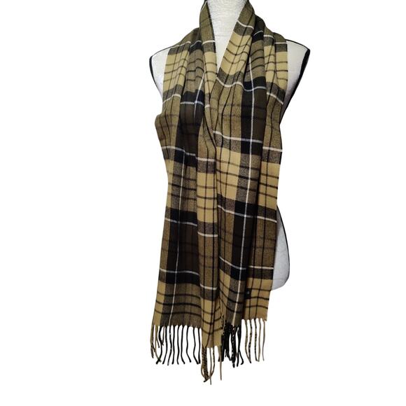 Made in Scotland 100% Cashmere Tan Black Plaid Scarf Fringe Soft - Picture 1 of 3